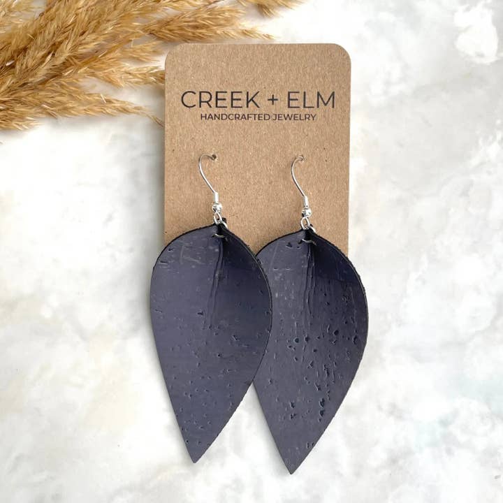 Henley Cork Dangly Leaf Earrings-Charcoal for wholesale by Creek and Elm