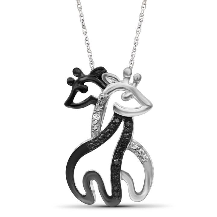 Black And White Diamond Accent Hugging Giraffes Pendant,18" for wholesale by JewelonFire
