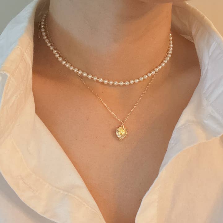 Ellison+Young - Wholesale Pendant/Charm Necklace - Pearls And Heart Locket Layered Necklace2