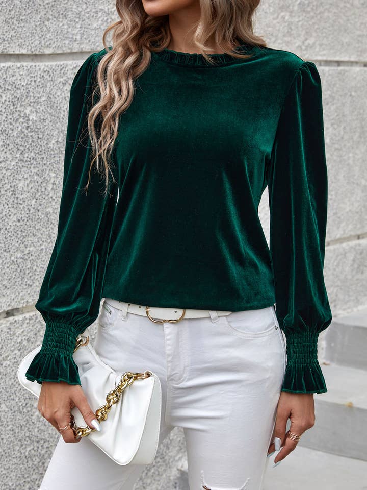 DkGreen Elegance Velvet Long Sleeves Cuffed Blouse for wholesale on Faire
