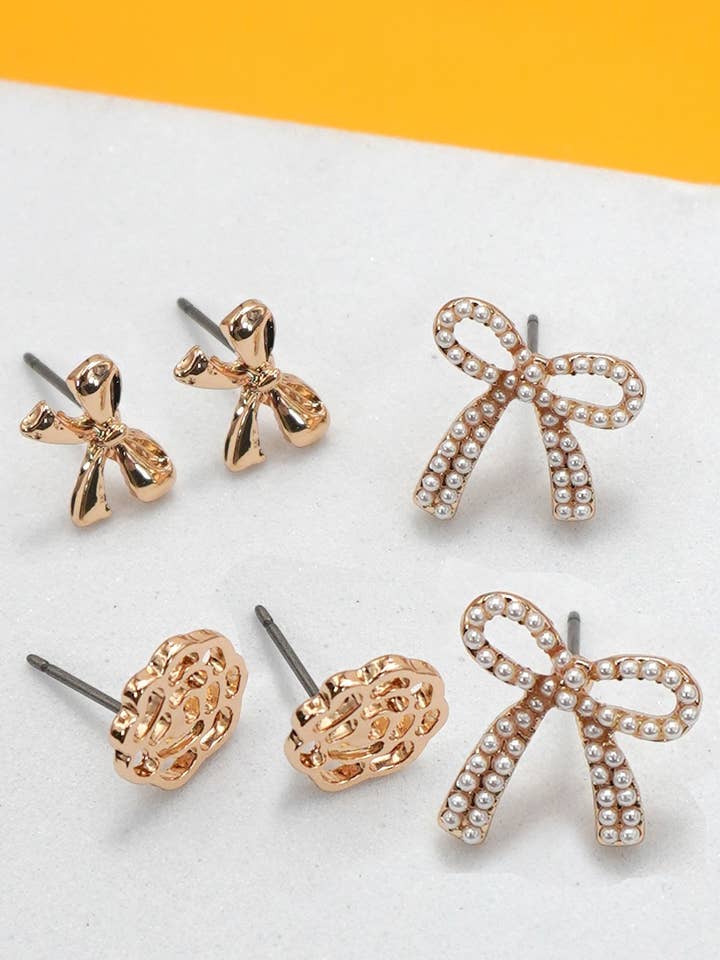 TRIO STUD BOW FLORAL PEARL BOW TRIO EARRINGS | 80E6912 for wholesale by JOSSLYN by wall to wall