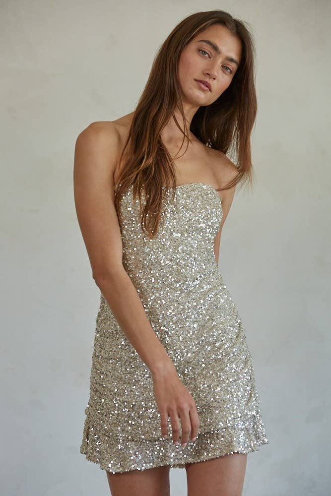 Gold Silver L7726 | Woven Polyester Sequin Tube Mini Dress for wholesale on Faire1