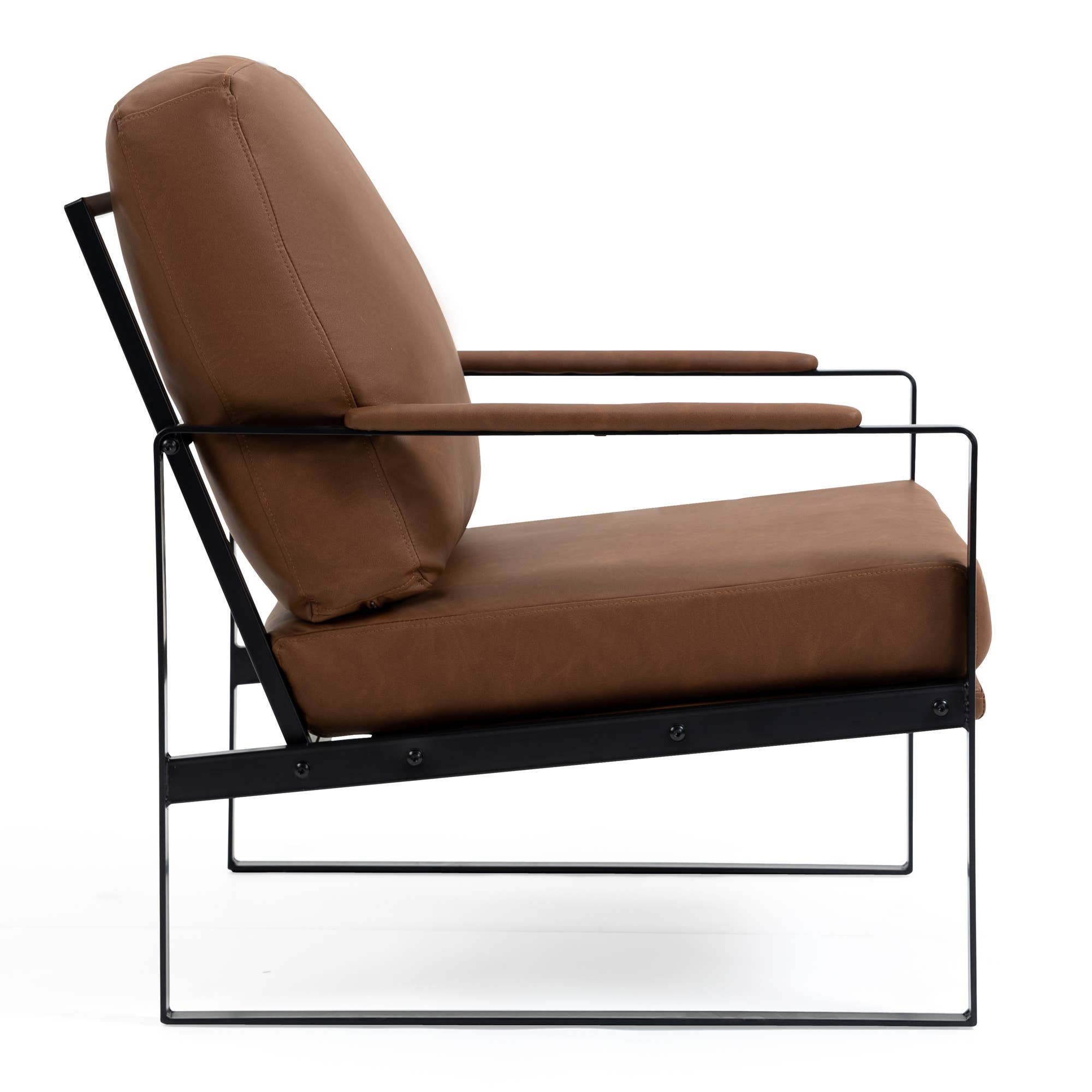 Glamour Home - Vente Chaises - Fauteuil d'appoint en similicuir Ayume Brown avec pieds en fer noir3