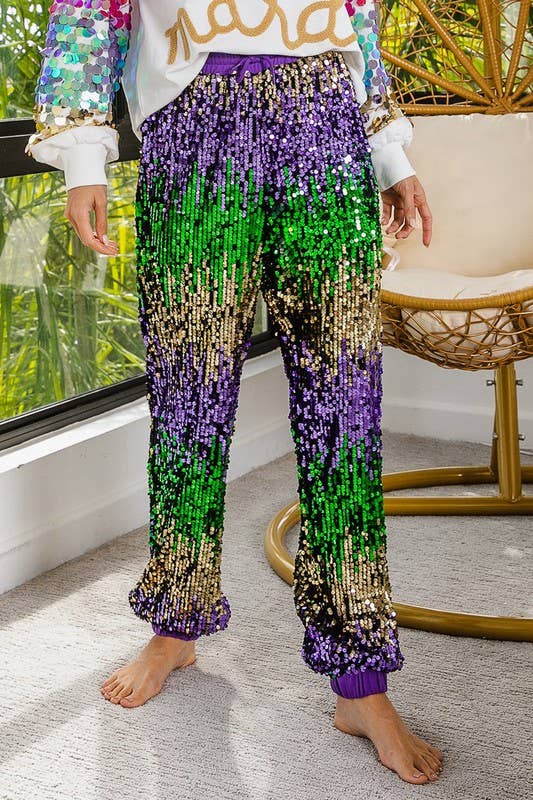 PURPLE Mardi Gras Sequin Color Block Pants for wholesale on Faire1