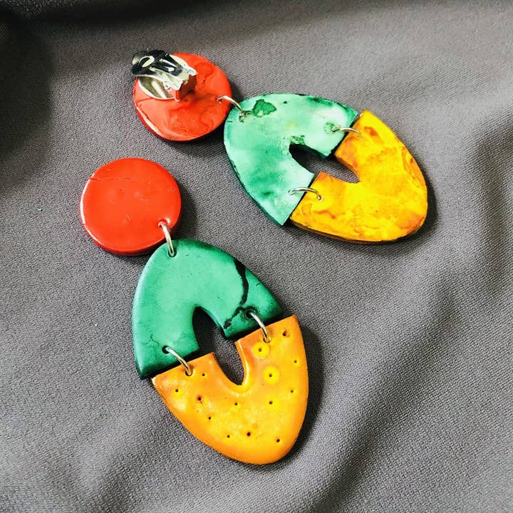 Extra Large Clip On Earrings Handmade from Clay & Painted with Bold Artsy Colors- "Zoe" for wholesale by Sassy Sacha Jewelry