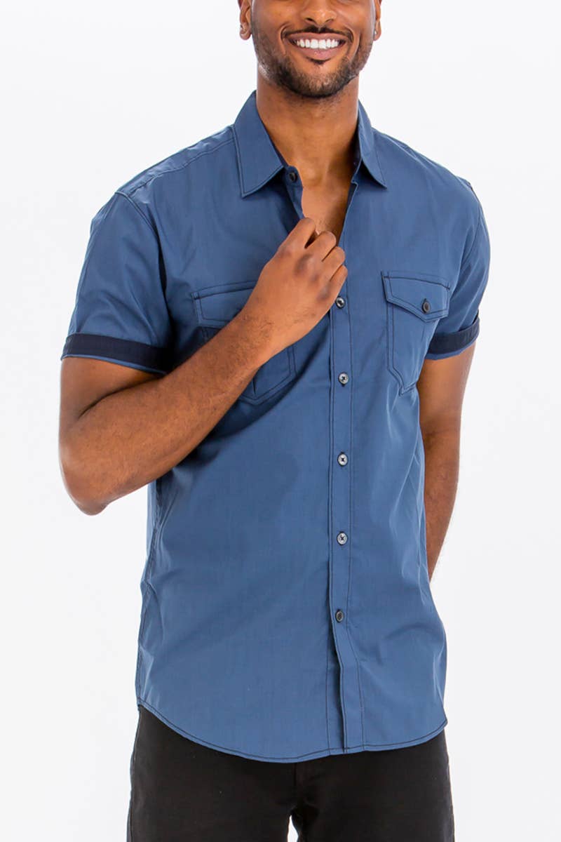 WEIV - Wholesale Button Down Shirt - Men's - Mens Stitch Outline Short Sleeve Button Down Shirt7