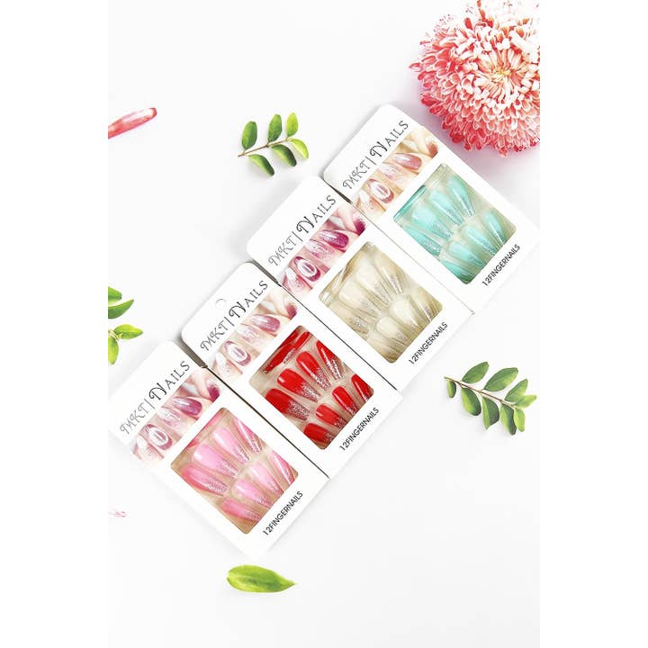 ASSORTED GLOSSY COFFIN SHAPED WITH GLITTER ON TIP PRESS ON NAIL for wholesale on Faire1