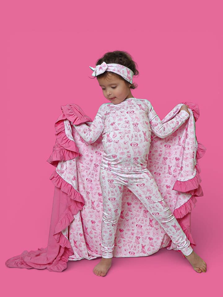 PINK PUPPY TOILE DREAM RUFFLE BLANKET for wholesale by Dream Big Little Co.