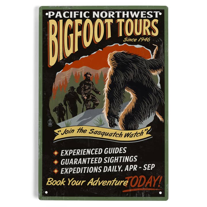 Lantern Press - Wholesale Sign - METAL SIGN ART Pacific Northwest, Bigfoot Tours