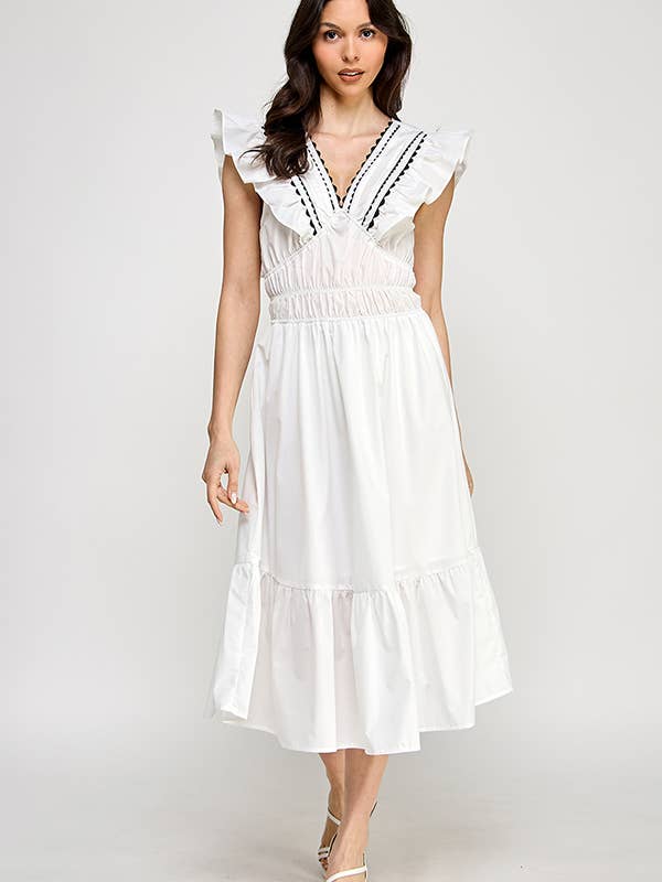 RUBIENN - Wholesale Dress - Women's - Lace Trim V-Neck Sleeveless Smocked Midi Dress.5
