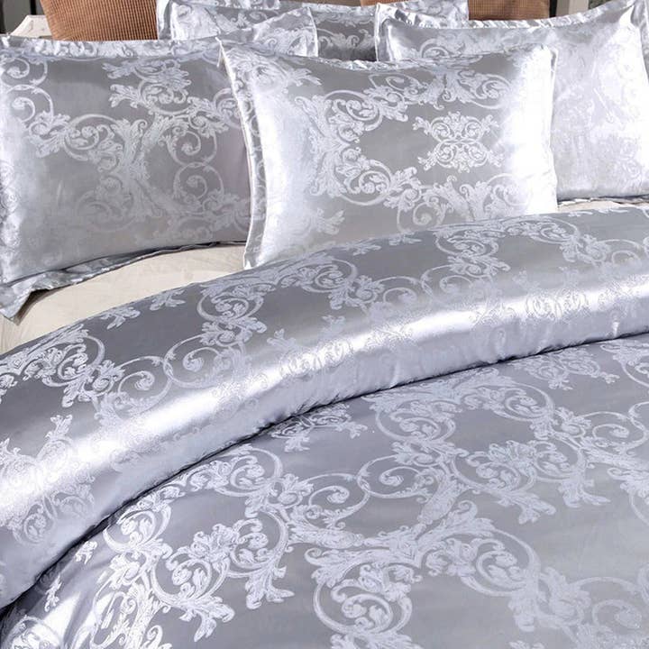 Lyxigt silvergrått sängkläder tillverkat med silkeslen jacquardtyg, damast duvet cover set, designer sängkläder, estetisk duvet king queen full twin för wholesale av daintyduvet