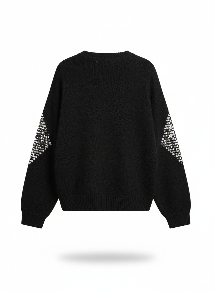 Black Sequin Knit Sweater Diamond Pattern Embellished Pullover for wholesale on Faire4