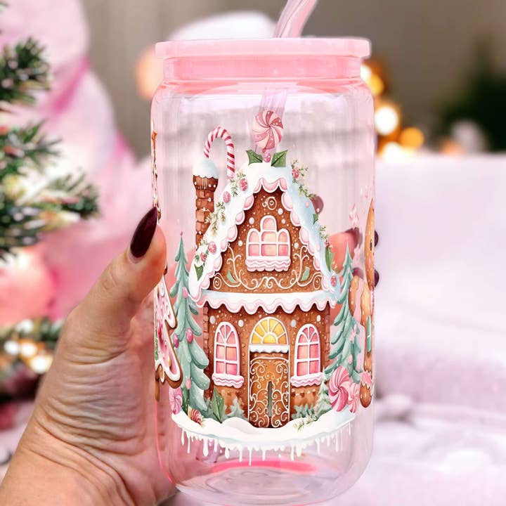 Sip-Sip Hooray! - Wholesale Drinking glass/cup - Pink Gingerbread House Cup With Lid and Straw2
