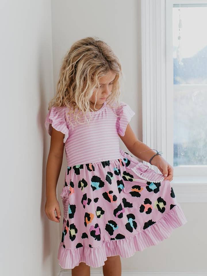 Kids Lavender Stripe & Leopard Ruffle Pocket Spring Dress for wholesale by Adorable Sweetness