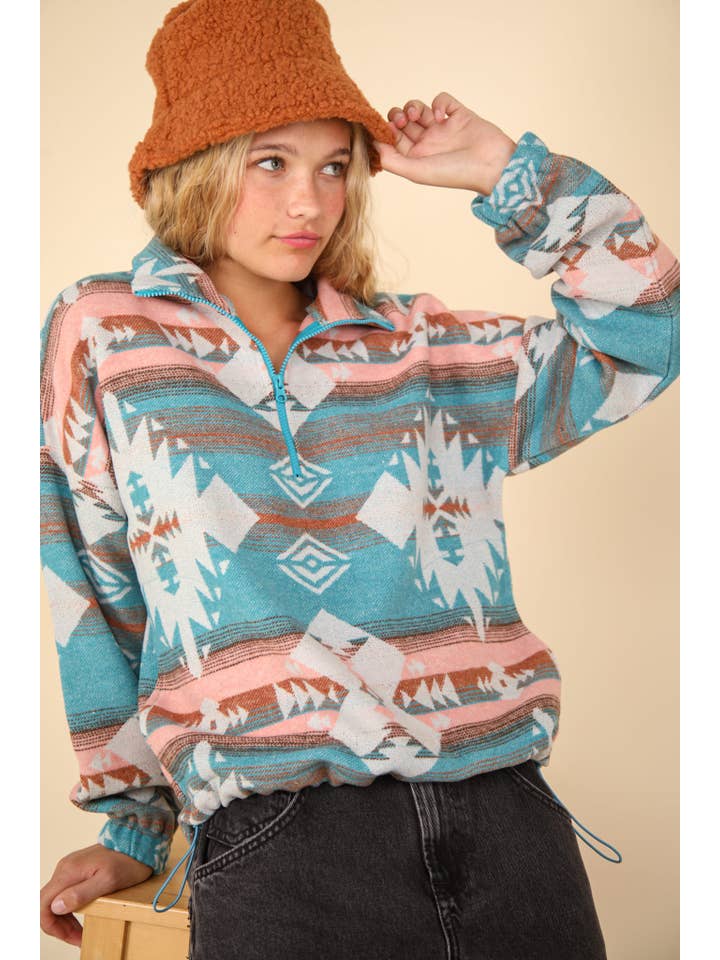 VERY J - Wholesale Sweatshirt - Women's - NT11854-Aztec Printed Henley Woven Pullover Top