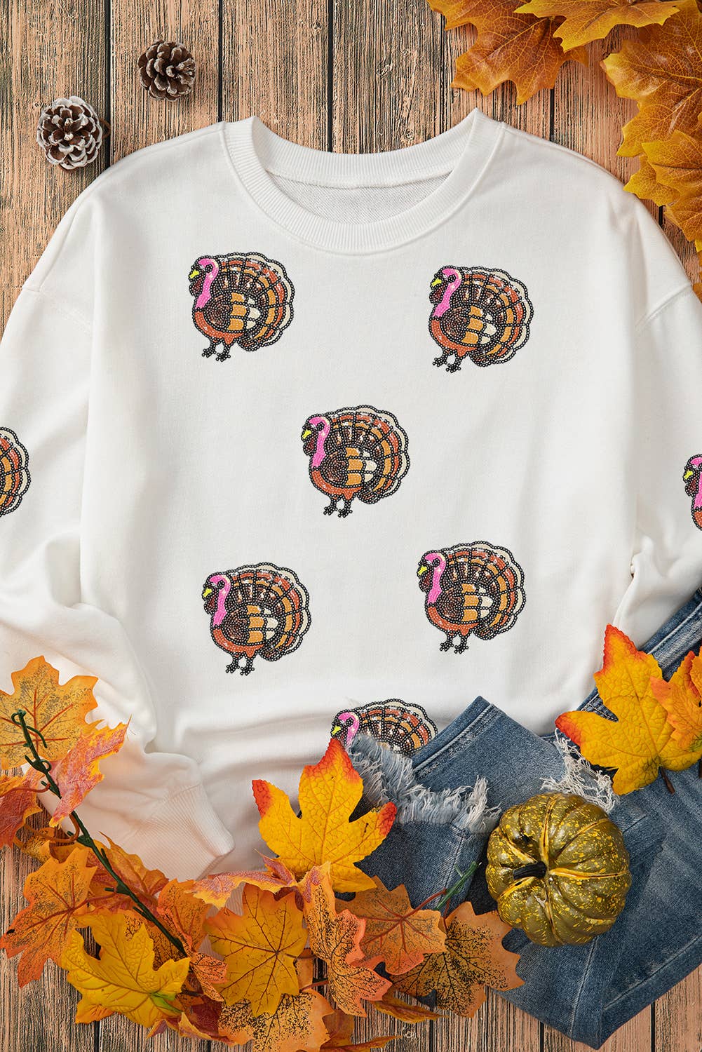 White Thanksgiving Turkey Sequin Patched Pullover Sweatshirt for wholesale on Faire2