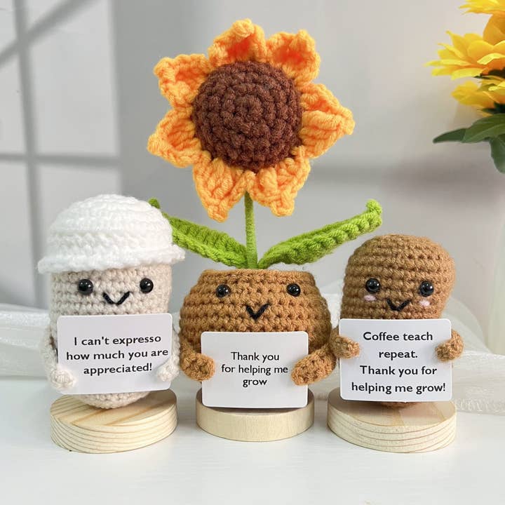 Cute Crochet Emotional Support, Coffee Cup/Bean/Sunflower for wholesale by Anh2 LTD