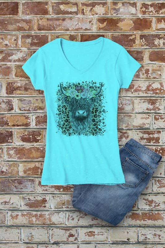 Top Avenue – Engroshandel T-shirt med print - Dame – Highland Cow, T-shirt med V-hals til kvinder1
