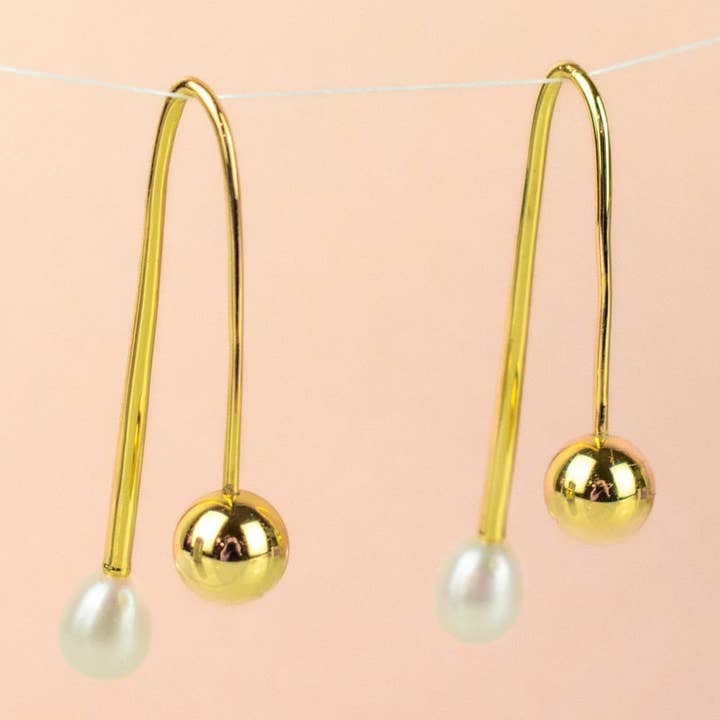 The Titan: Gold Wire and Pearl Drop Earrings for wholesale by Cold Gold
