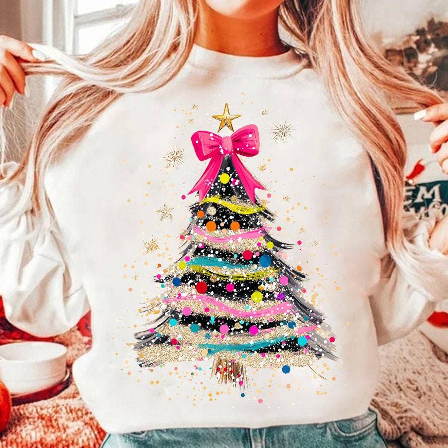 NVC Ecommerce LLC - Wholesale T-Shirt (Graphic) - Women's - Coquette Glitter Christmas Tree Sweater, Merry Xmas Shirt1