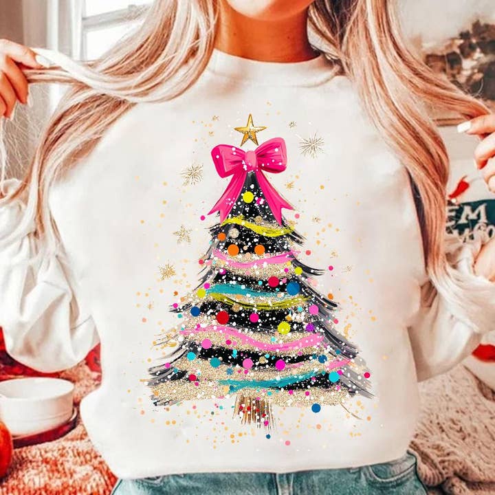 NVC Ecommerce LLC – Großhandel T-Shirt (Grafikdruck) – Damen – Coquette glitzernder Weihnachtsbaum-Pullover, Merry Xmas-Shirt1