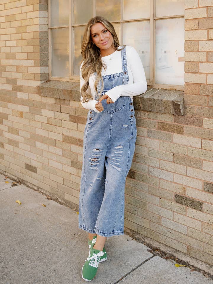 Distressed Overalls - Blue Wash for wholesale by Indie & Co. | Women's Apparel