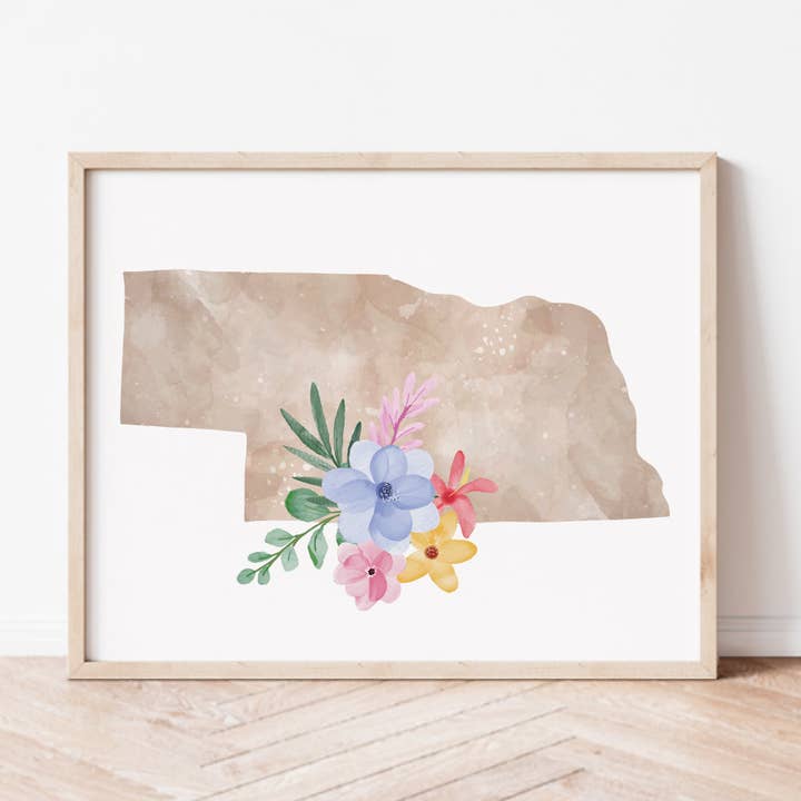 Nebraska Floral Silhouette Art Print for wholesale by Backstory Map Co.