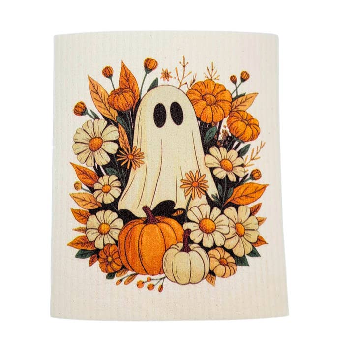 Home Accents By Driftless - Wholesale Dishcloth - Ghost & Autumn Flowers - Halloween Swedish Dishcloths
