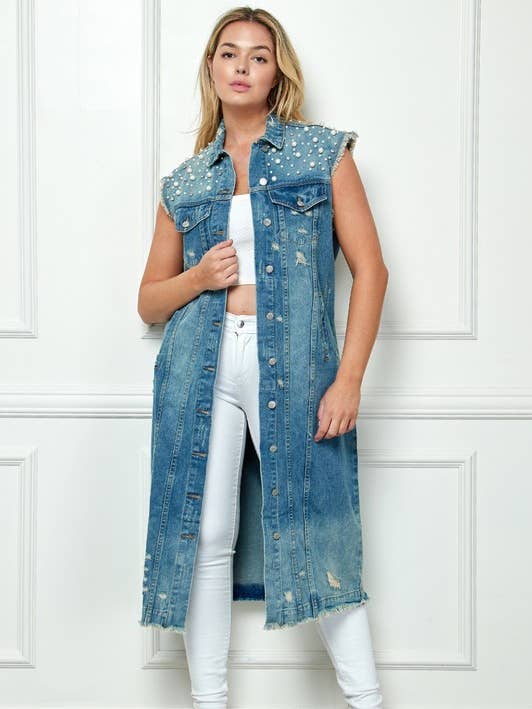 Plus Pearl And Crystal No Sleeve Long Denim Jacket for wholesale by Lemon Tree
