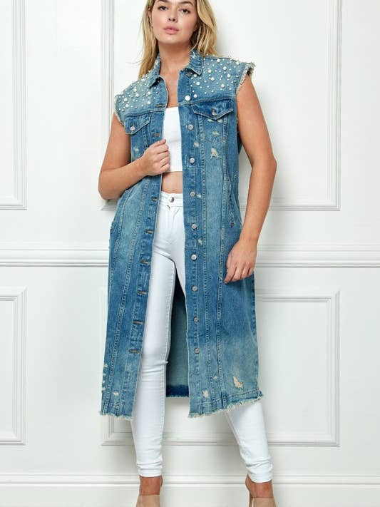 Plus Pearl And Crystal lange spijkerjas zonder mouwen voor wholesale door MintChoco