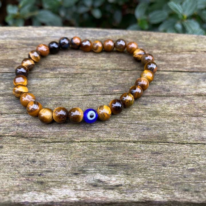 Nazar Boncuk Elastisches Armband für Lithotherapie mit Tigerauge und türkischem Auge für den Großhandel von Boutique Bohème