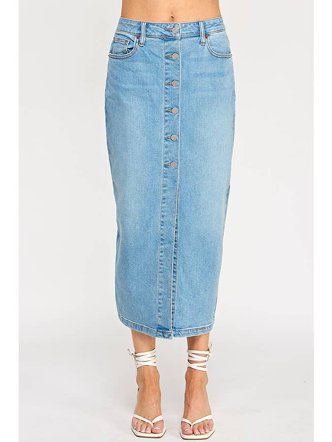 ♡20% OFF♡ BUTTON-DOWN COMFORT MAXI SKIRT IN MEDIUM LIGHT for wholesale on Faire