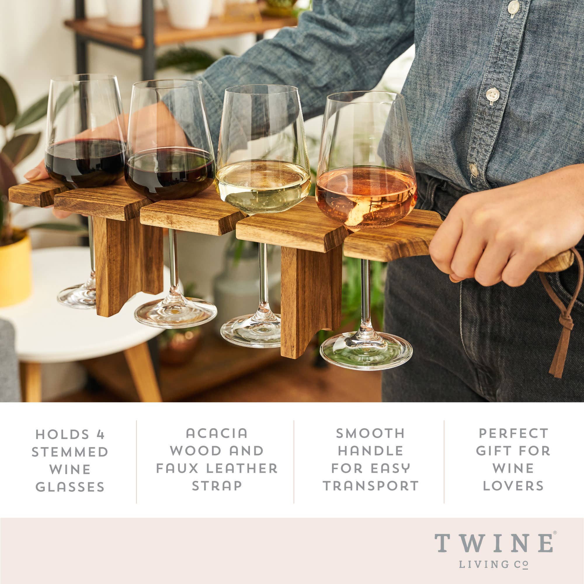 Twine - Wholesale Serving Tray - Acacia Stemmed Wine Glass Flight Carrier Serving Board4