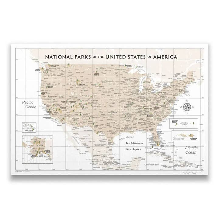 Conquest Maps - Wholesale Map - Push Pin National Parks Map - Light Brown Color Splash - Pins Included!17