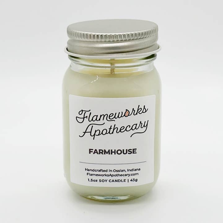 Farmhouse 1.5 oz Mini Mason Jar Candle for wholesale by Flameworks Apothecary
