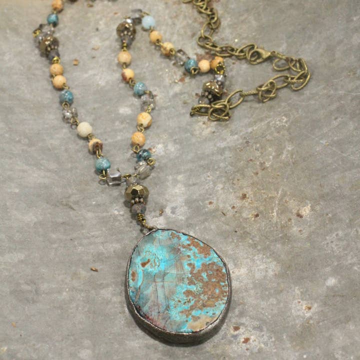 Bohemian Stone & Rosary Chain Rich Teal/Chocolate Pendant Drop Necklace Set for wholesale by The Primitive Peddler, Inc.