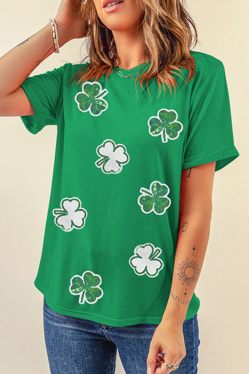 Bright Green St Patricks Sequined Clover Pattern T Shirt for wholesale on Faire3
