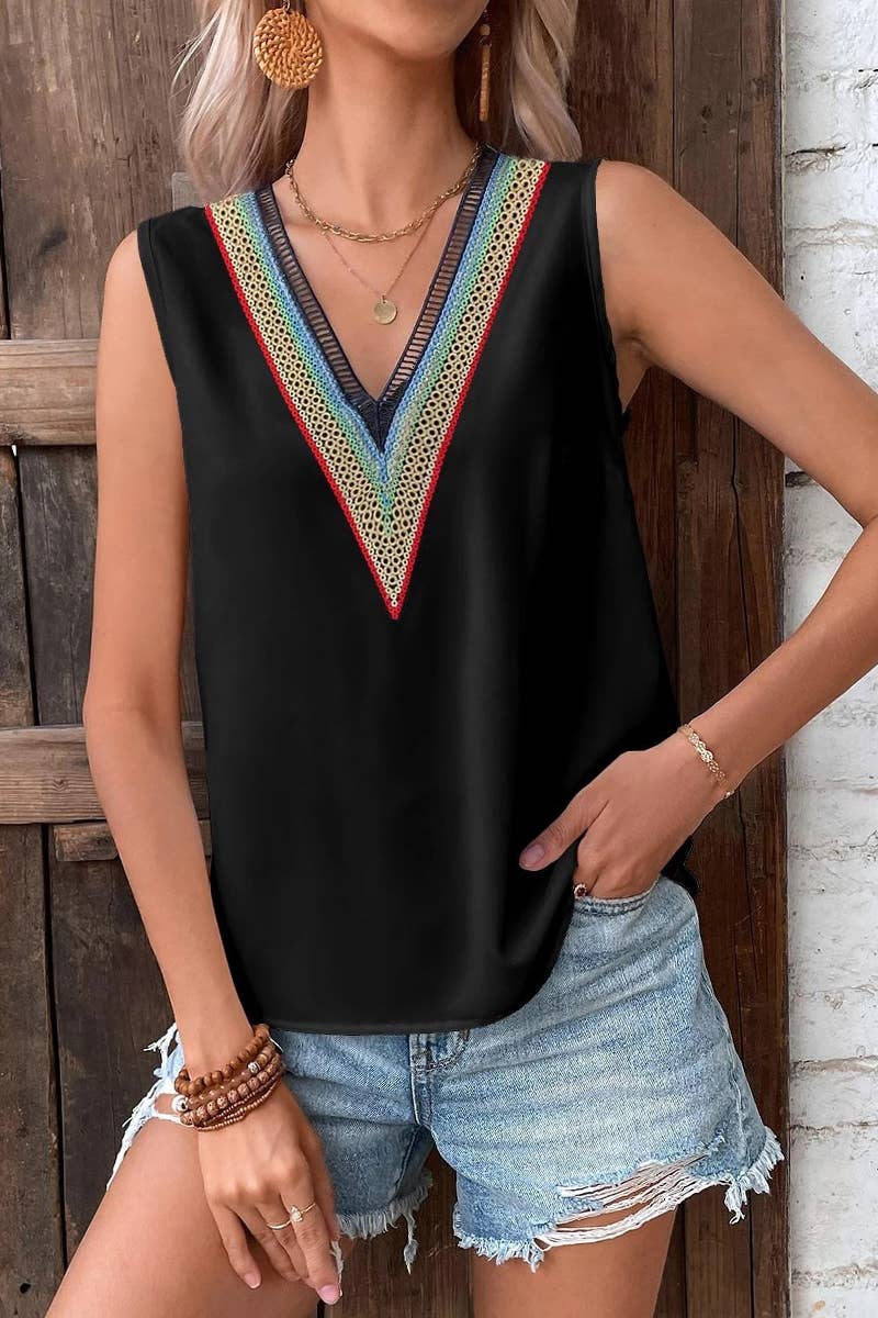 Lily Clothing - Wholesale Blouse - Women's - MULTICOLOR LACE V NECK SLEEVELESS BLOUSE_CWTBLSL002510