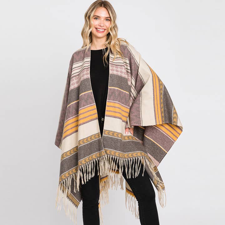 Aztec Patterned Fringe Ruana Poncho for wholesale by Sensibling Corp.
