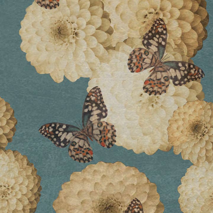 Daria Petrilli - Wholesale Wallpaper - WHITE DAHLIA AND BUTTERFLY LIGHT BLUE - WALLPAPER2