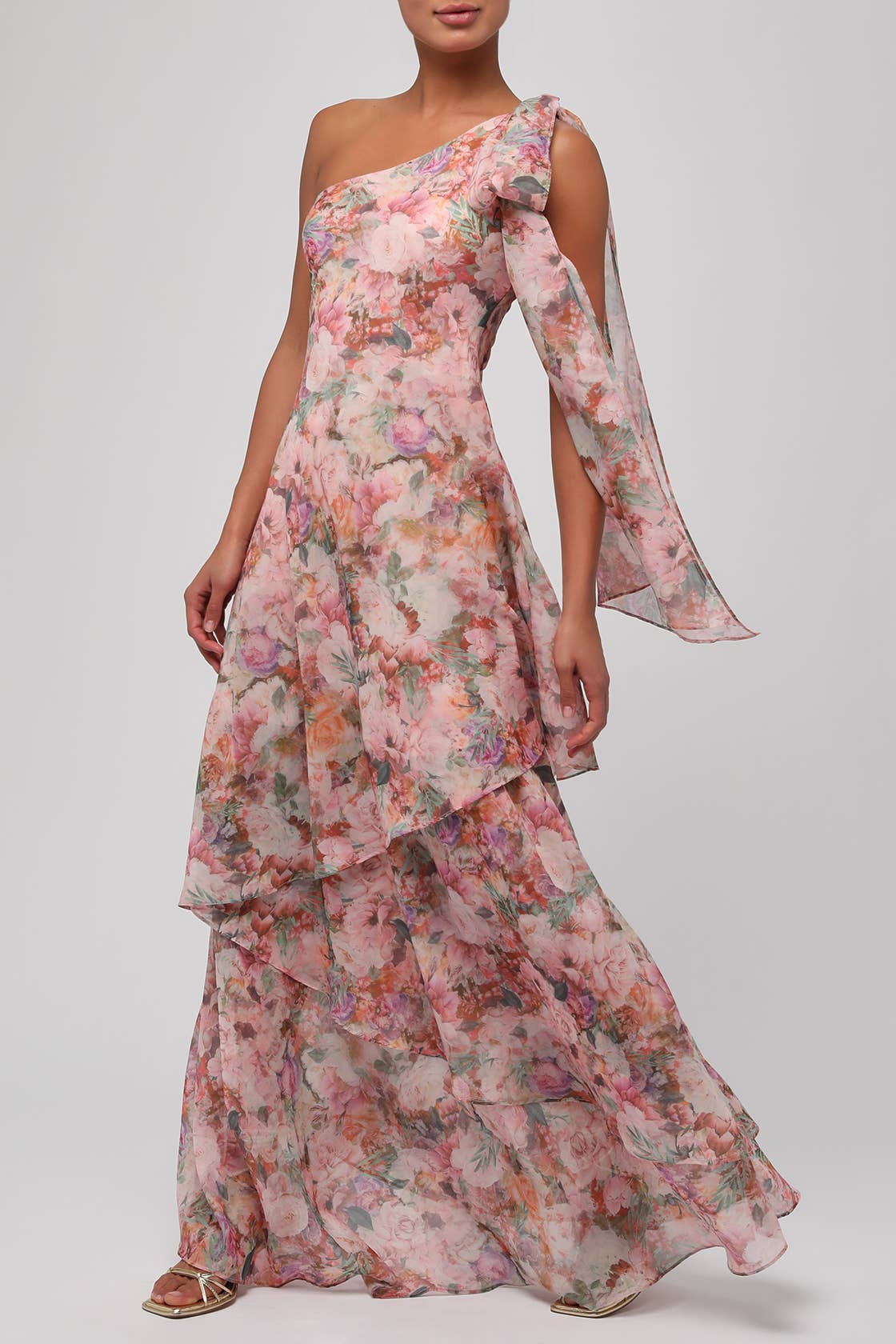Pink Floral Amara One Shoulder Tiered Maxi Dress for wholesale on Faire1