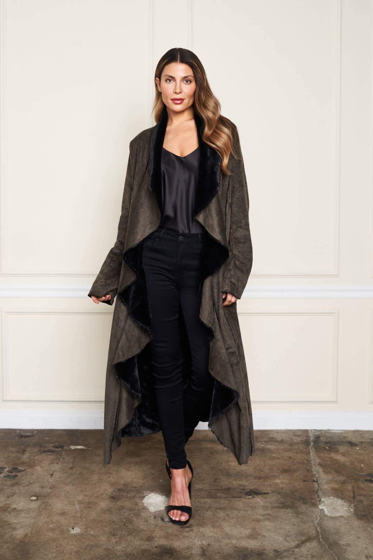 Olive HJ-9358 Faux Suede & Faux Shearling Lined Duster for wholesale on Faire