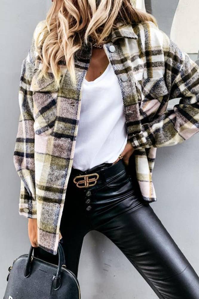 Pink Plaid Flannel Shacket Jacket Women STC211-P1 for wholesale on Faire1