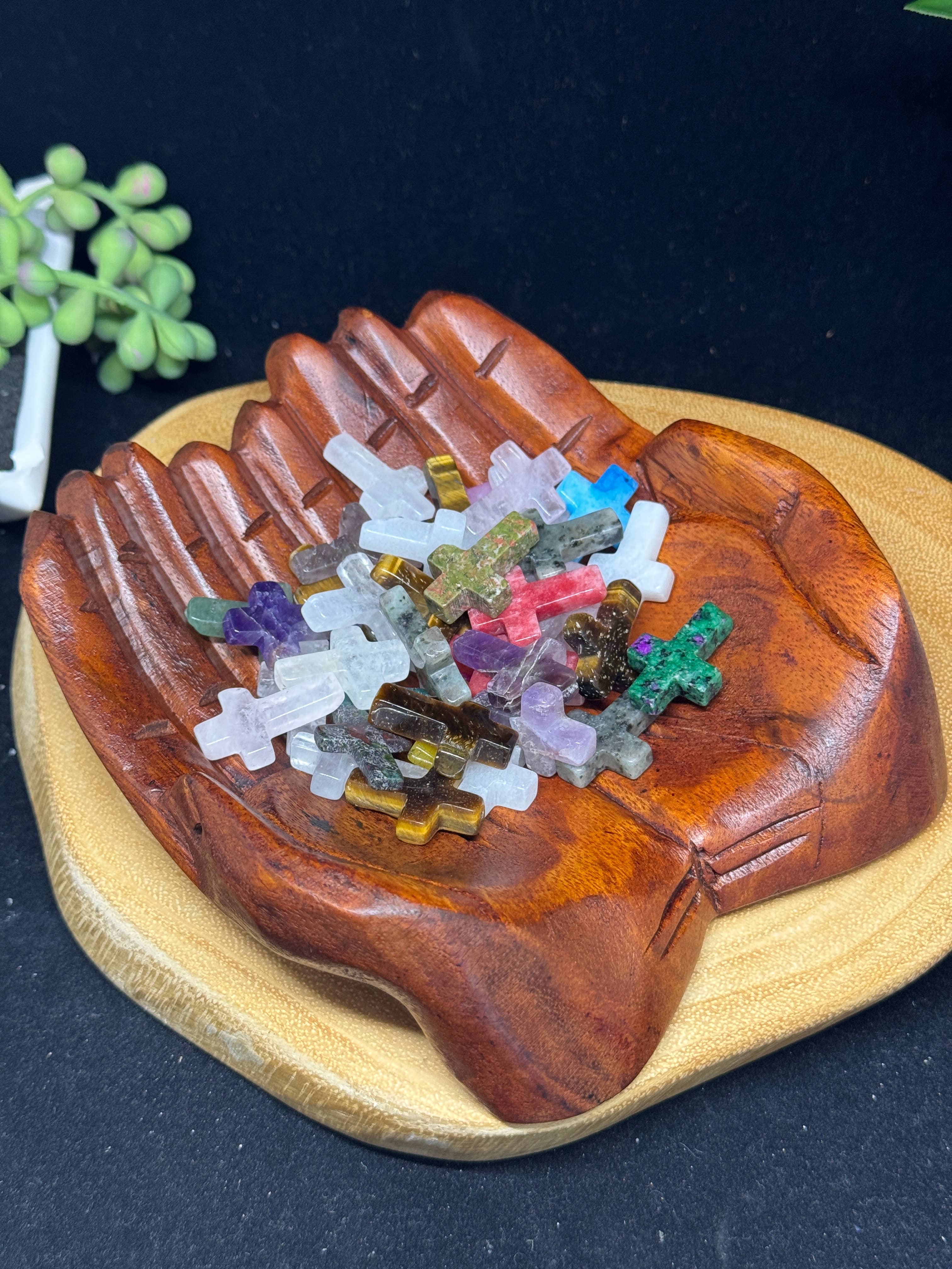 The 7 Directions - Wholesale Spiritual Stone/Crystal - 40 pc Mix gem mini cross w/ wooden hand display F4422