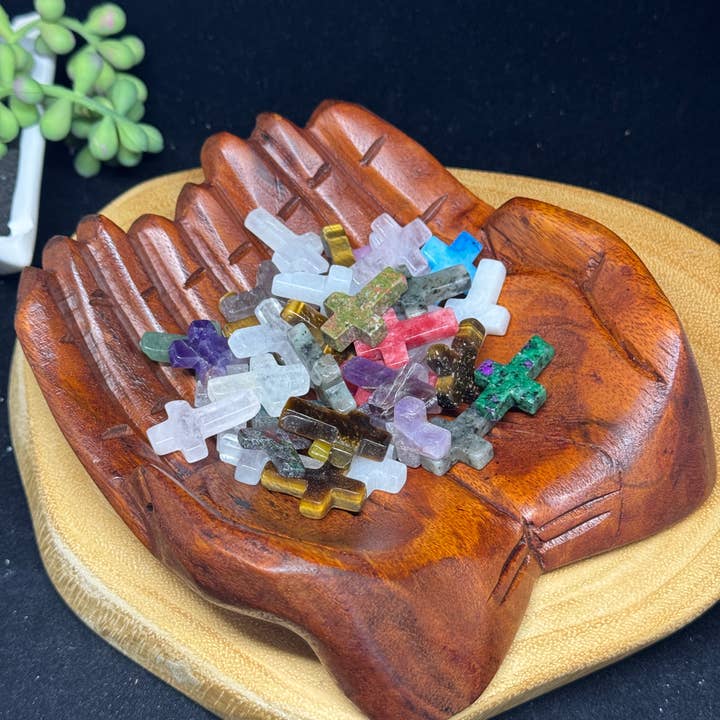 The 7 Directions - Wholesale Spiritual Stone/Crystal - 40 pc Mix gem mini cross w/ wooden hand display F4422