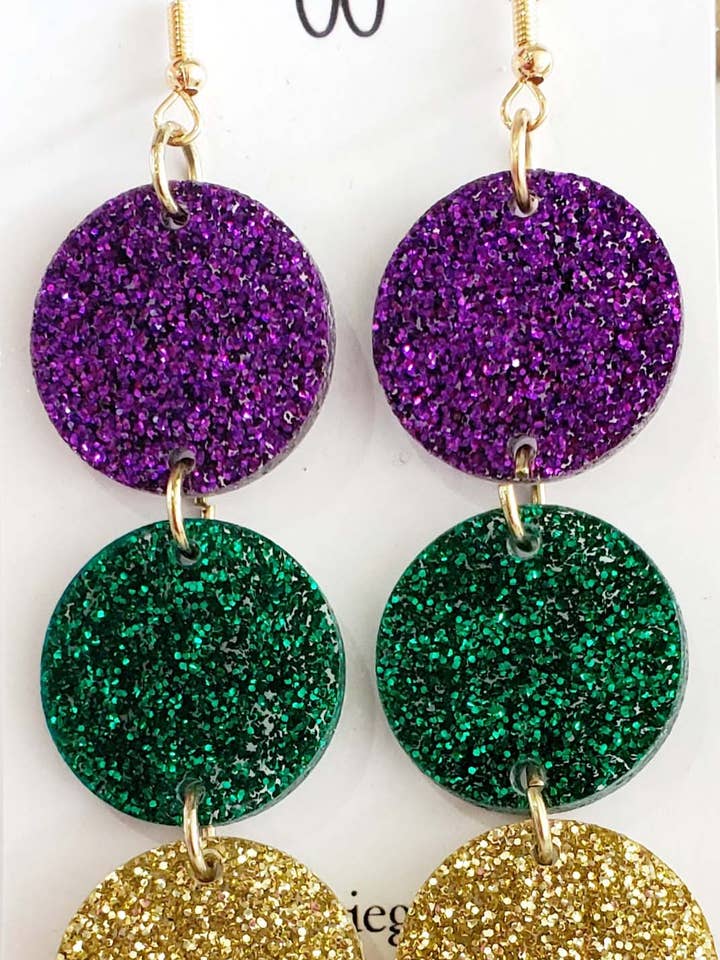 Boucles d'oreilles Mardi Gras, Fat Tuesday, or vert violet, 3 gouttes pour la vente par Maggie G