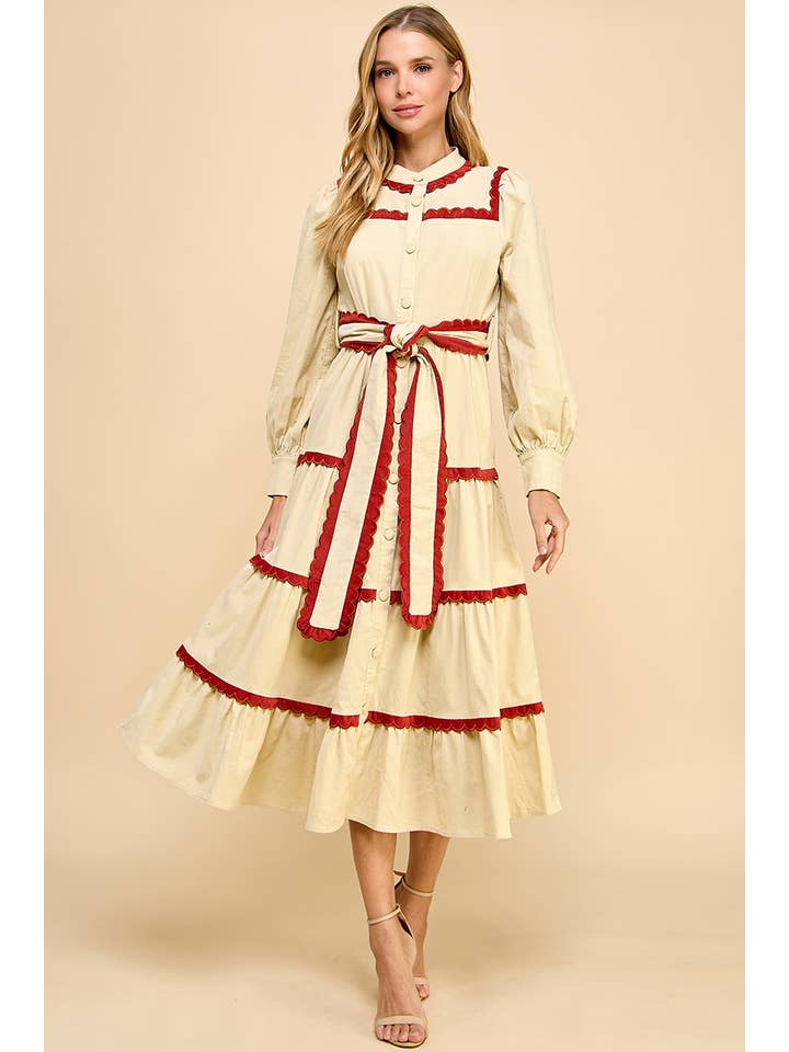 Beige CD04322-Tiered Scalloped Detail Long Sleeve Midi Dress for wholesale on Faire