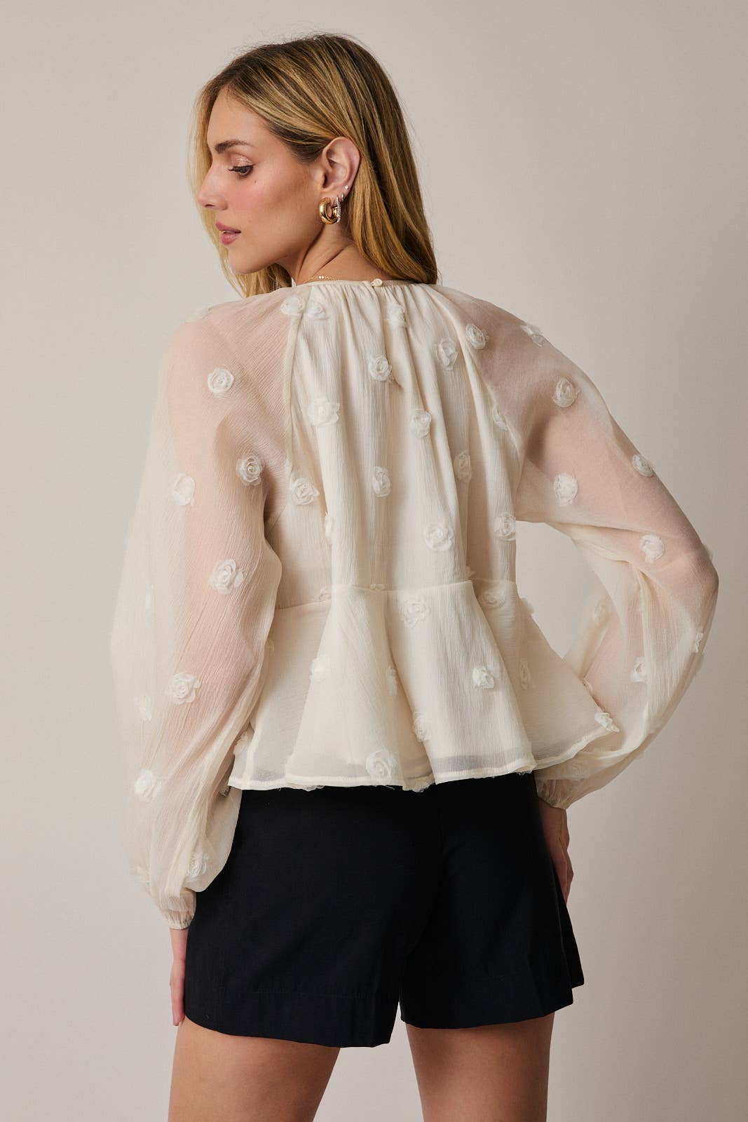 Sunday Edition - Wholesale Blouse - Women's - ROUND NECK LONG SLEEVE TIERED MESH BLOUSE12