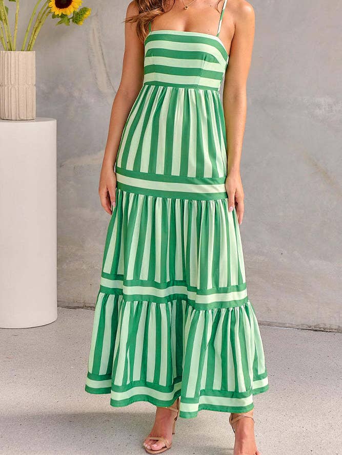 Summer Green Stripes Tiered Spaghetti Dress ZK1883 for wholesale by UNISHE