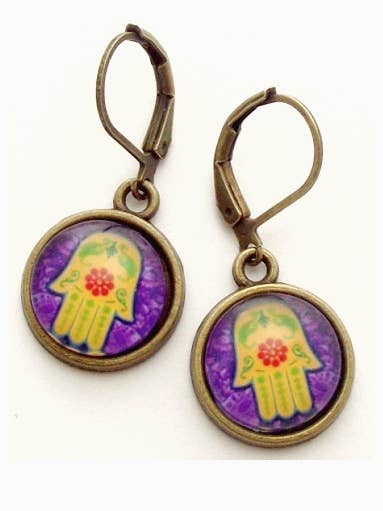 Photo Glass Purple Hamsa Earrings for wholesale by Dreamspirit